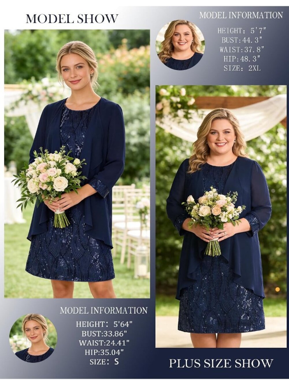 Women Navy Blue 3/4 Sleeve Bodycon Crew Neck Two Piece Winter Cocktail Dresses - Picture 4 of 6